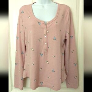 Lucky Brand Waffle Pink Floral Button-Up Long Sleeve Top, Size Large